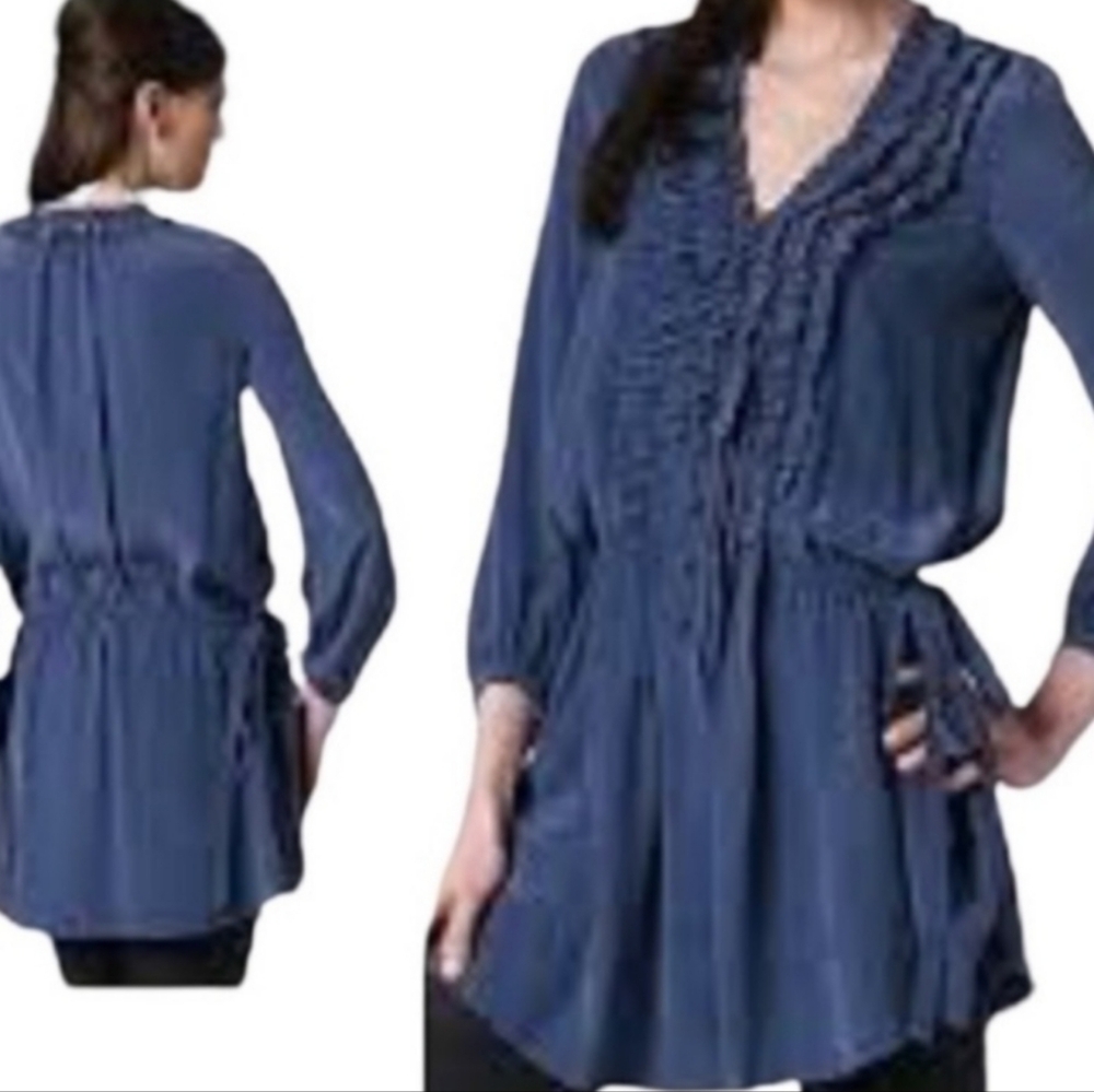 Rebecca Taylor silk ruffle shirt mini dress Top W/ Waist tie  blue size small 2